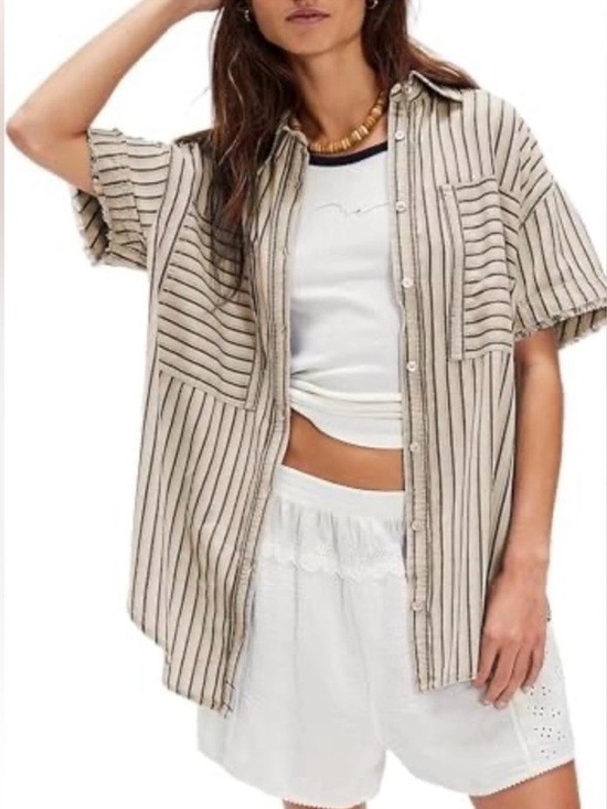 Striped Short-Sleeve Button Front Top in Beige - Picture 3 of 7